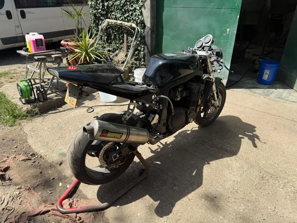 Custom streetfighter side profile with exhaust catching the light